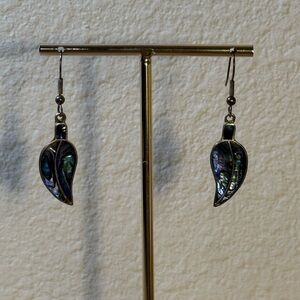 Vintage Alpaca Mexico Abalone Shell Inlay Leaf Dangle Earrings